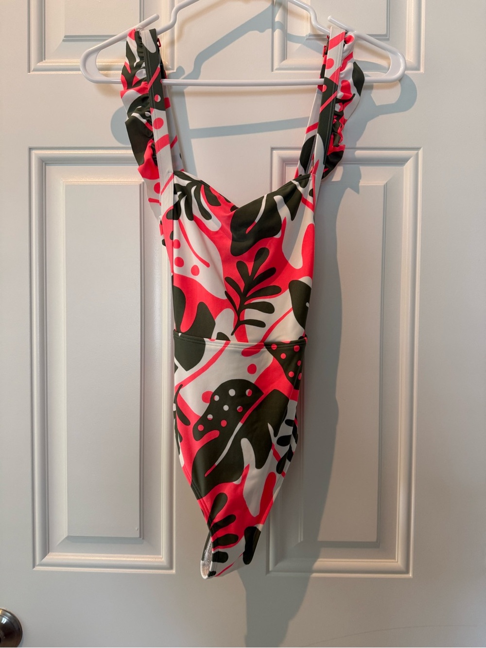 aerie Pink White Olive Green Abstract Leaf One-Piece Swimsuit